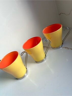Vitrosax Italy Vintage 1960s Glass Cups Set Yellow Orange MCM Chrome Handle